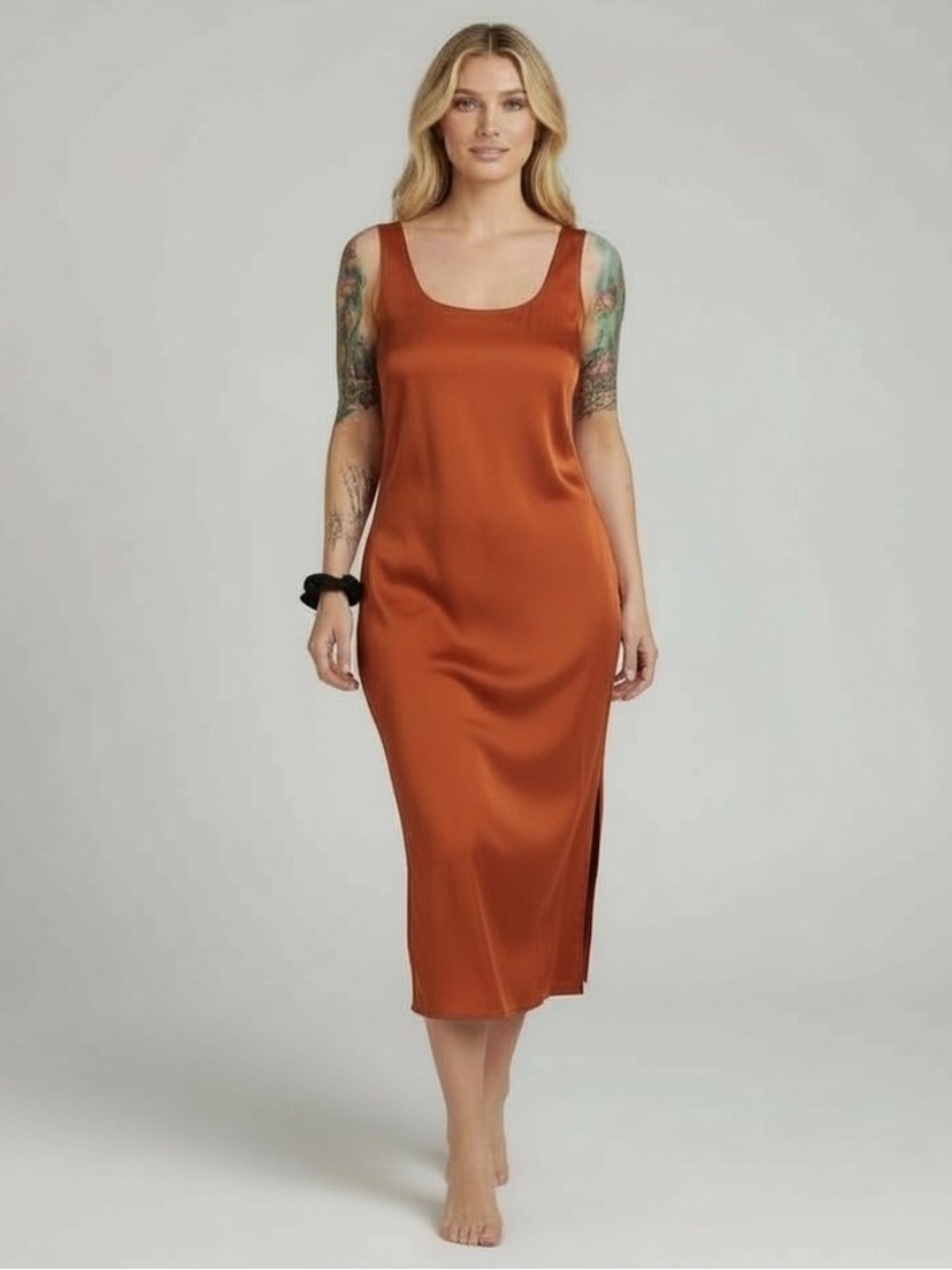 Abercrombie & Fitch Satin Rust Orange Midi Slip Dress Side Slit Scoop Neck